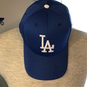LA baseball hat blue with stickers and cardboard filler
